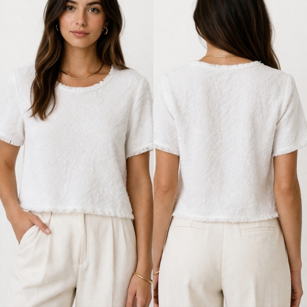 Green Envelope LA Textured White Fringe Hem Top S Boho Minimal Chic